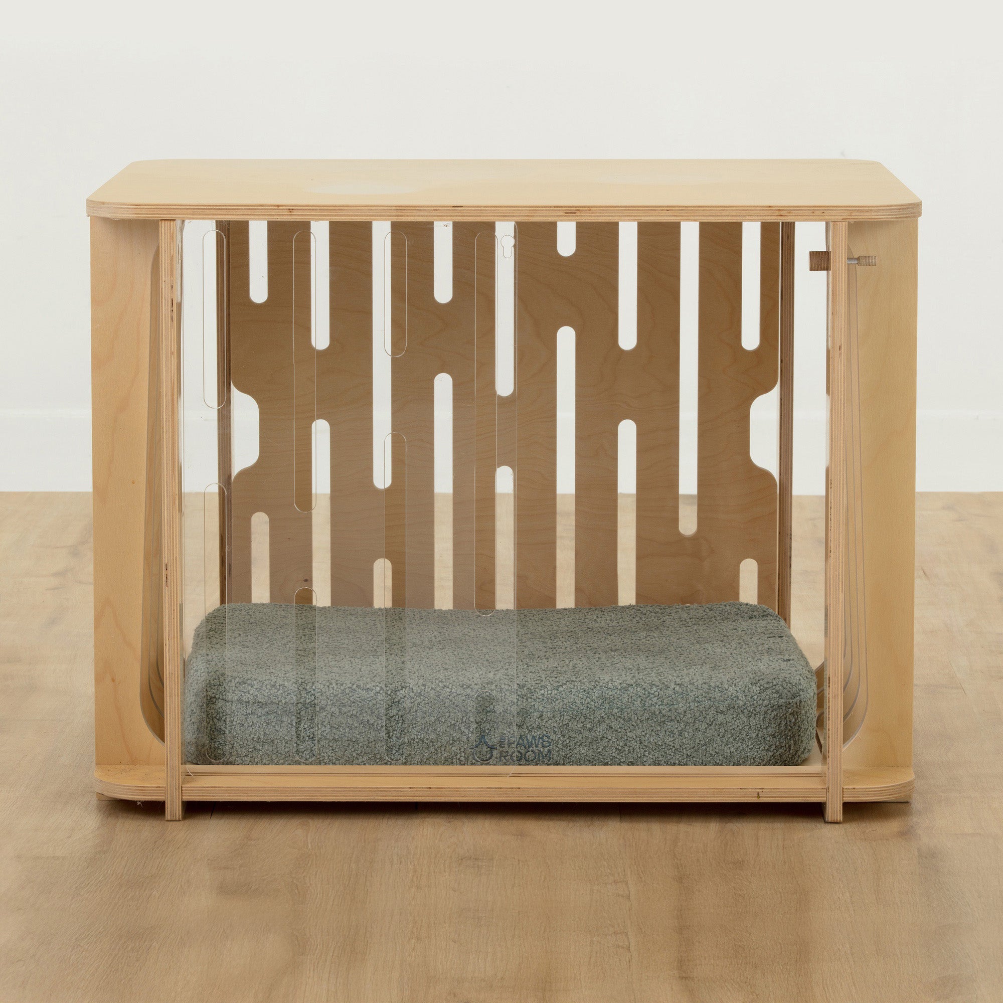 Small Teddy dog crate with peppa plump crate mat in sage with no castor wheels
