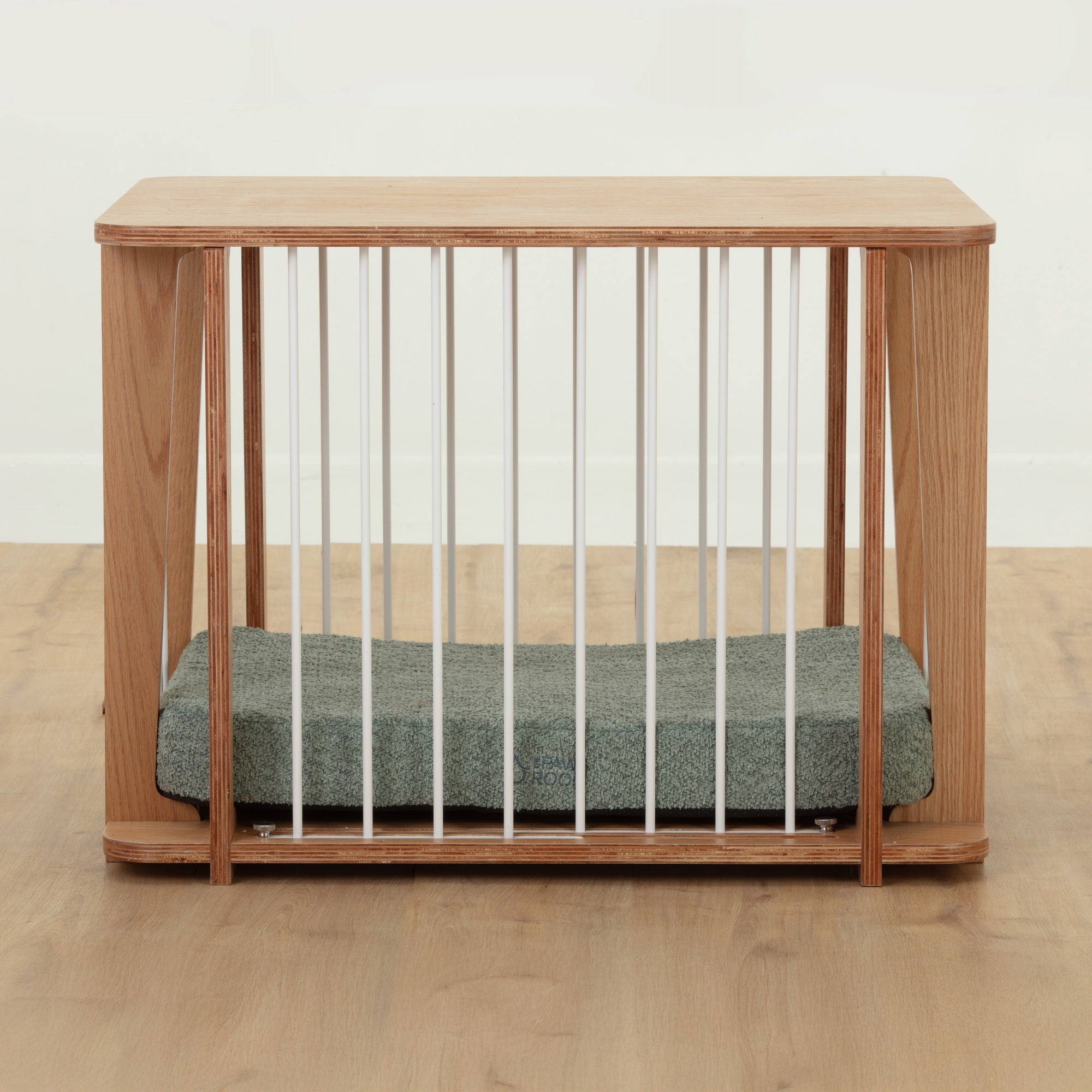 Archie dog crate with sliding front doors and sage acrylic crate mat