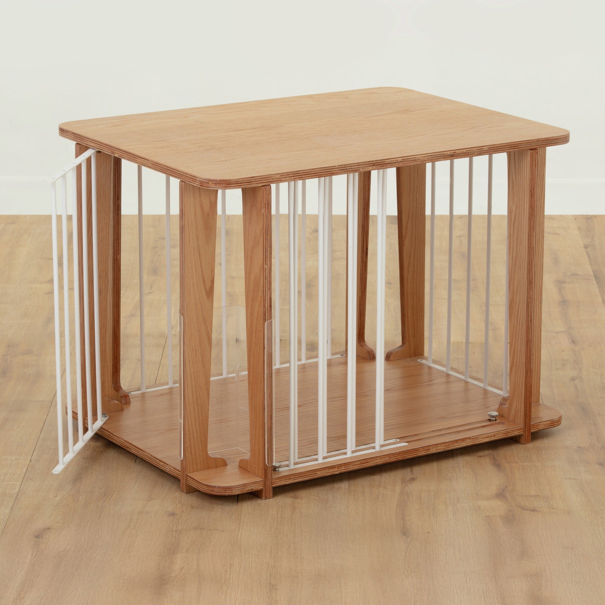 Archie dog crate showing dual entry with sliding and swing doors
