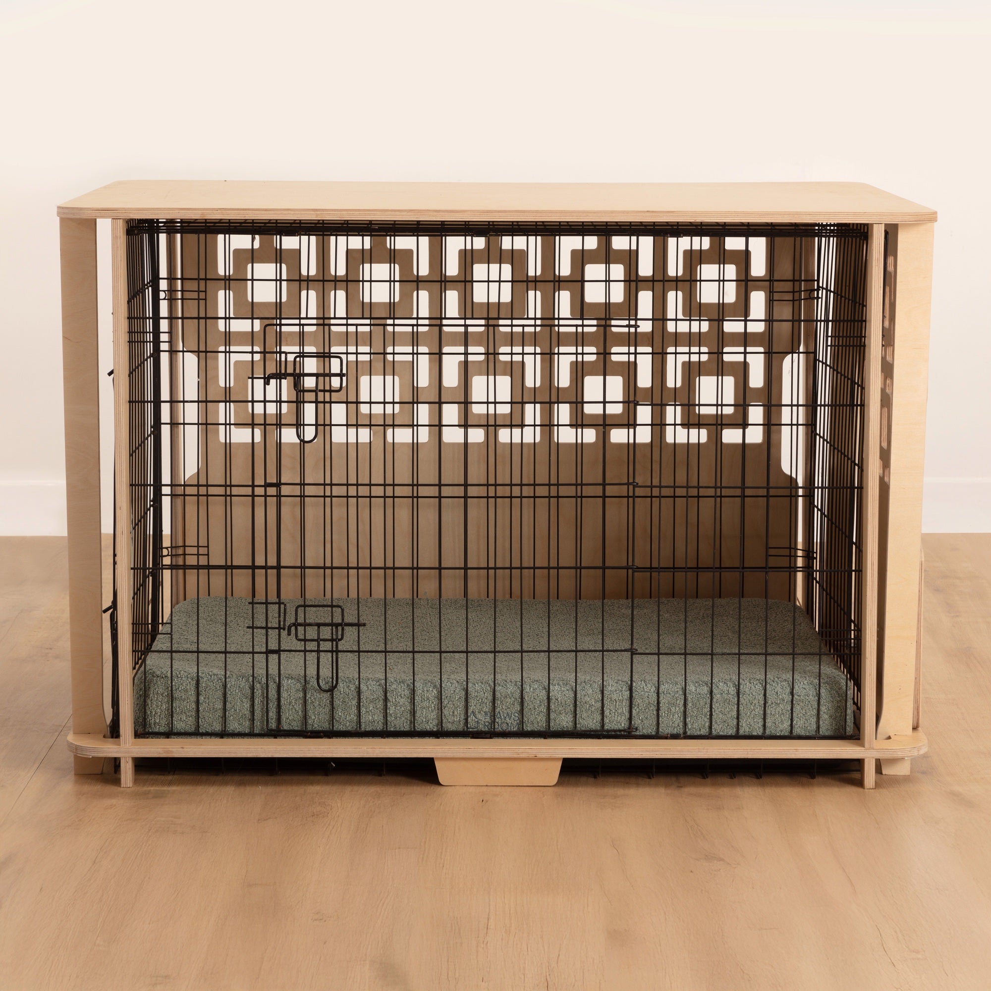 Busta crate cover in XL with breeze block pattern on back and side panel and peppa plump mat in sage