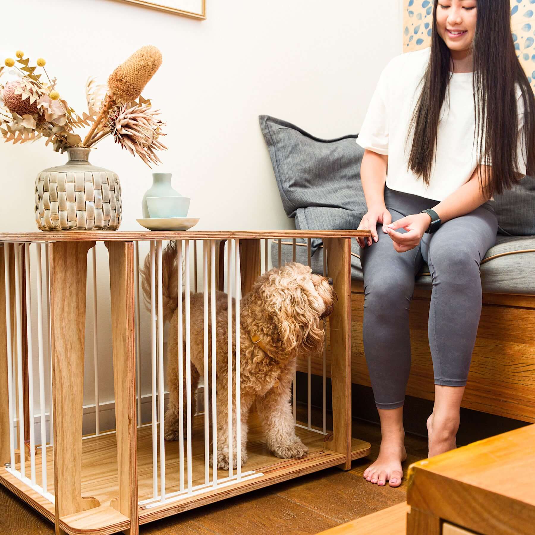 A woman relaxing on a sofa next to Archie the Luxury Dog Crate housing her pet