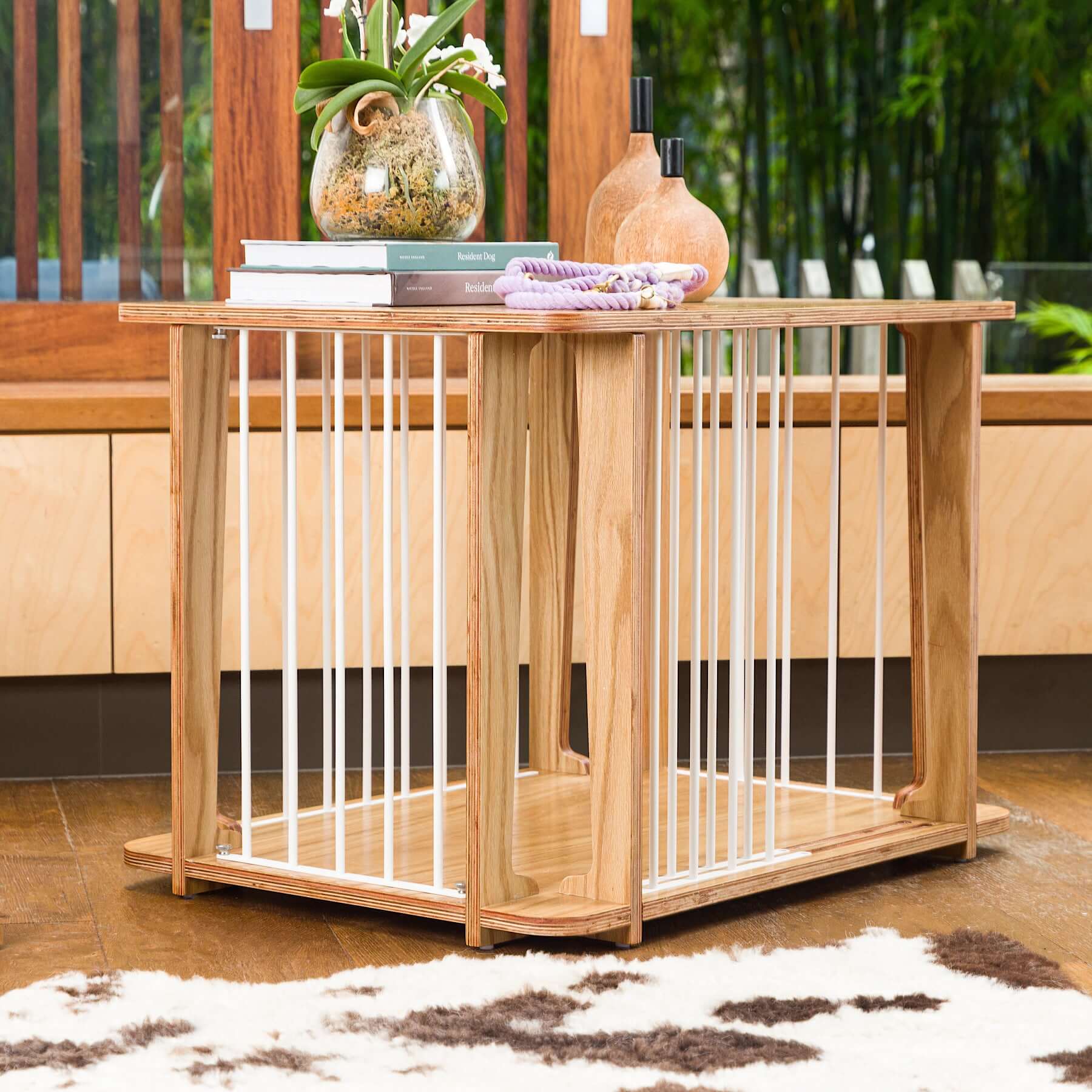 Archie the Luxury Dog Crate with decorations and accessories on top
