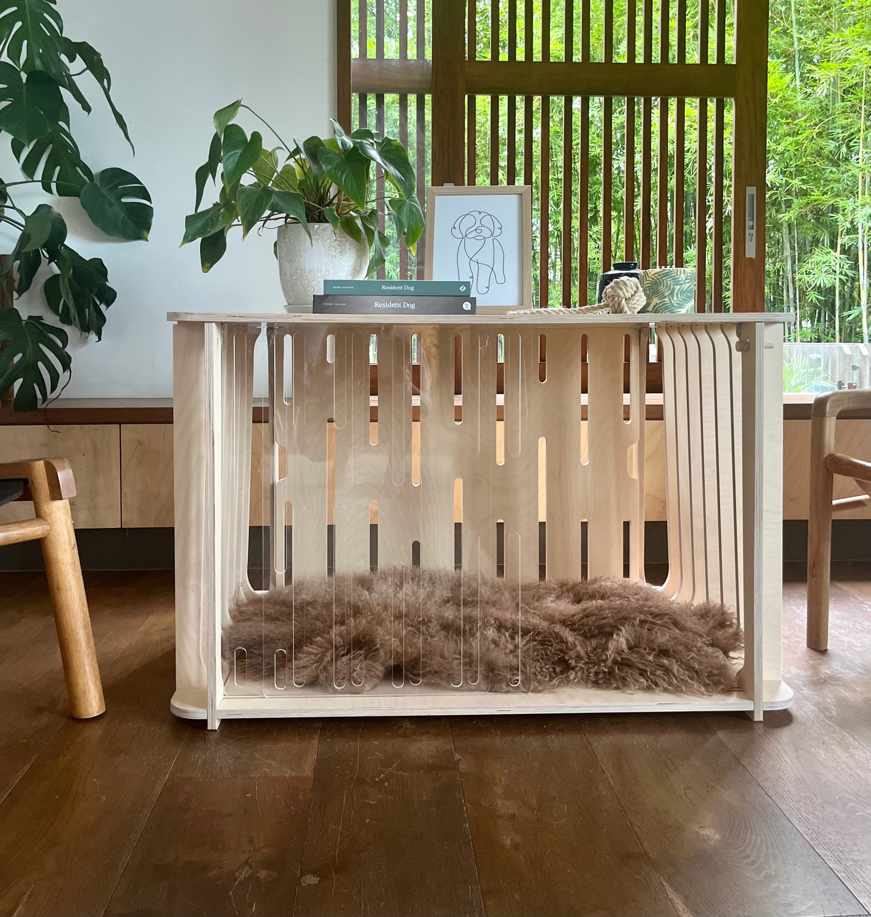 The Teddy Designer Dog Crate doubling as an elegant wooden dog bed with room plants