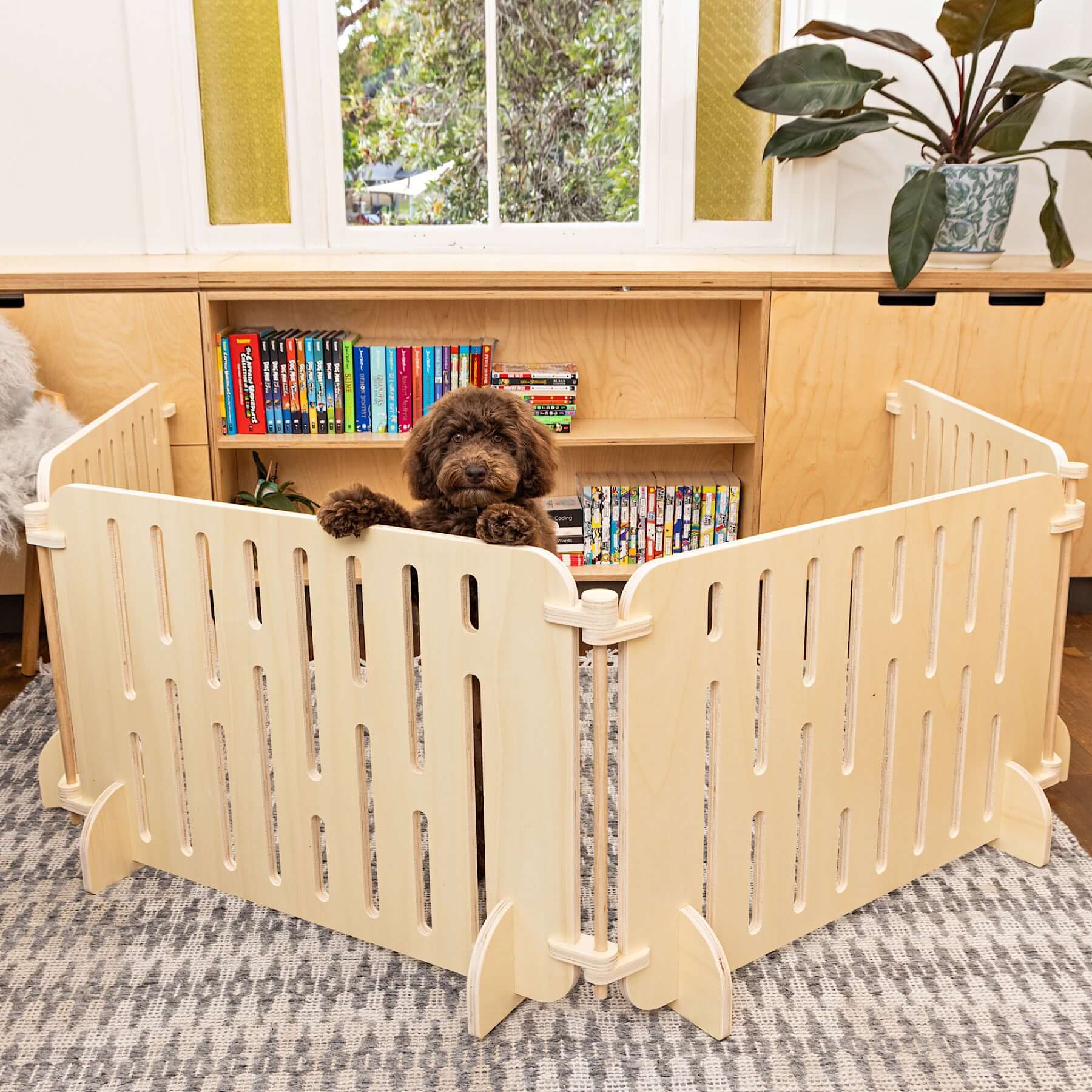 A puppy calmly sitting within the confines of the 'Buddy The Modern Puppy Pen'