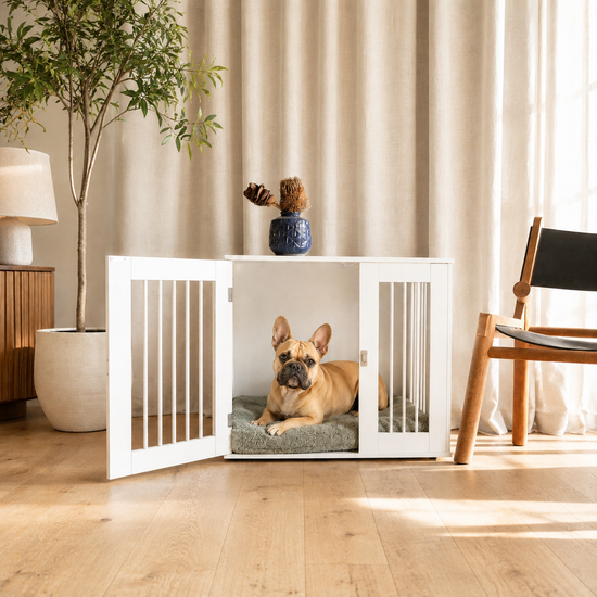 Medium Peppa Nook Crate Mat fitted inside a Kmart medium furniture dog crate with a French Bulldog resting inside.