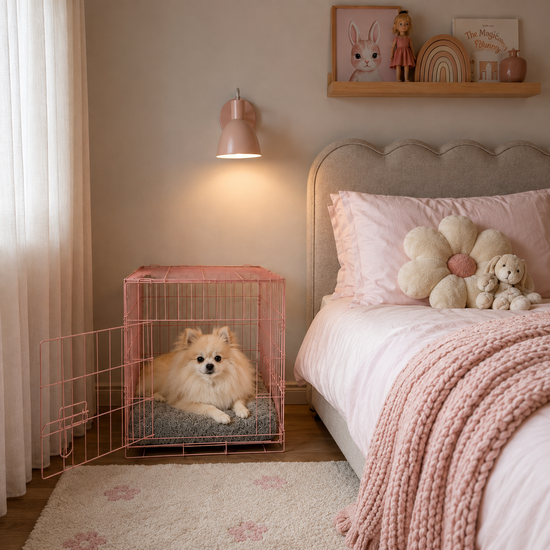 Small Peppa Crate Mat fitting inside a small pink Kmart wire dog crate with a Pomeranian resting comfortably inside.