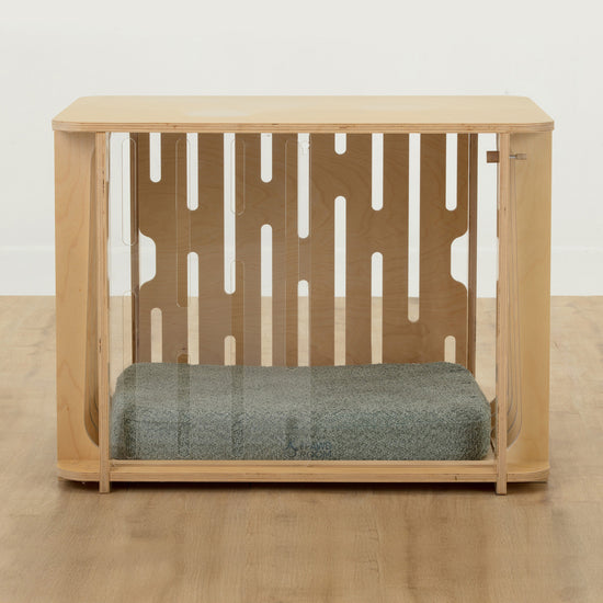 Small Teddy dog crate with peppa plump crate mat in sage with no castor wheels