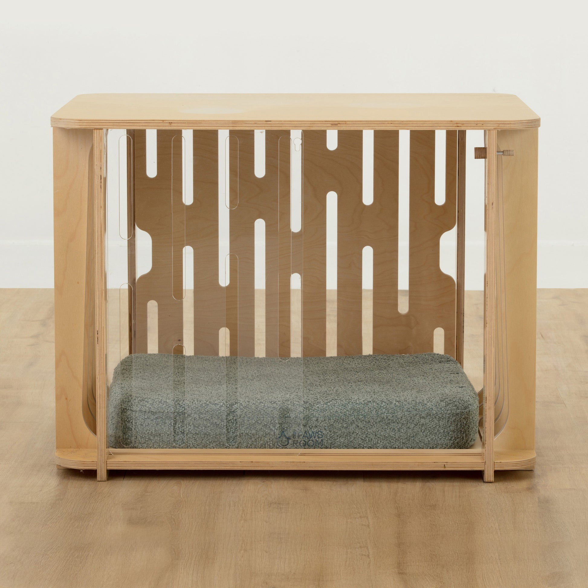 Small Teddy dog crate with peppa plump crate mat in sage with no castor wheels