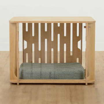 Small Teddy dog crate with peppa plump crate mat in sage with no castor wheels
