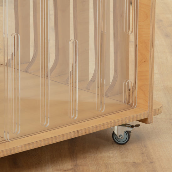 Close up of lockable castor wheels on Teddy dog crate
