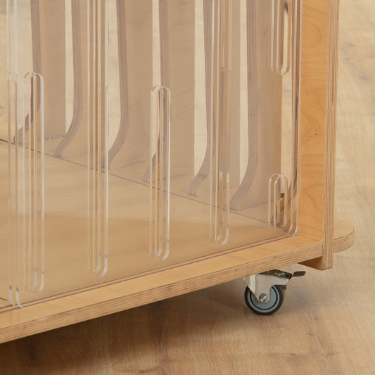Close up of lockable castor wheels on Teddy dog crate