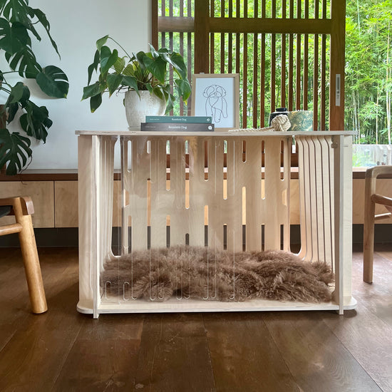 The Teddy Designer Dog Crate doubling as an elegant wooden dog bed with room plants