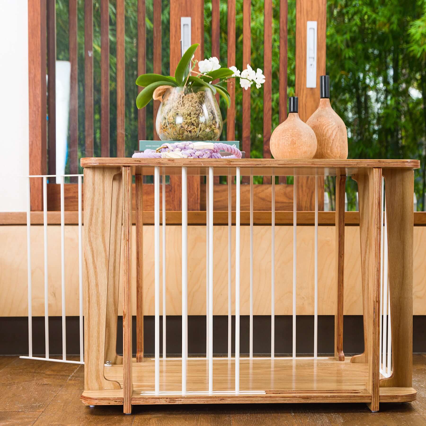 Archie the Luxury Dog Crate decorated as beautiful side table